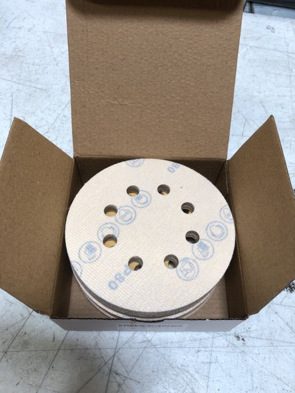 Photo 2 of Spmarkt 50Pcs 5 Inch Sanding Discs, 8 Hole Dustless Hook and Loop, Gold Premium Sandpaper Set, 10 Each of Grit 80/120 / 180/240 / 320, for Woodworking or Automotive
