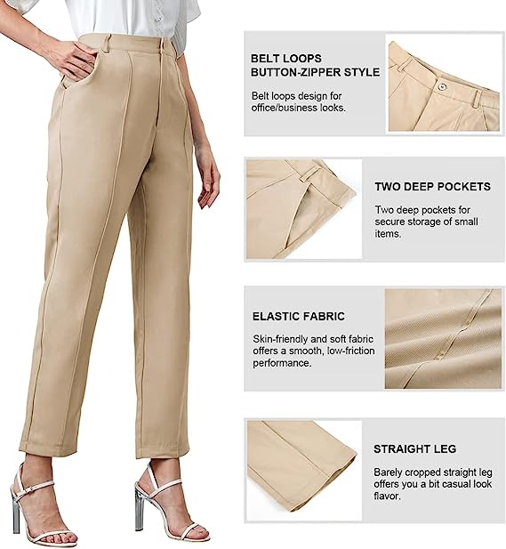 Photo 1 of EBIFIN WOMENS STRAIGHT LEG CHINO WORK DRESS PANTS WITH POCKETS (KHAKI, S)