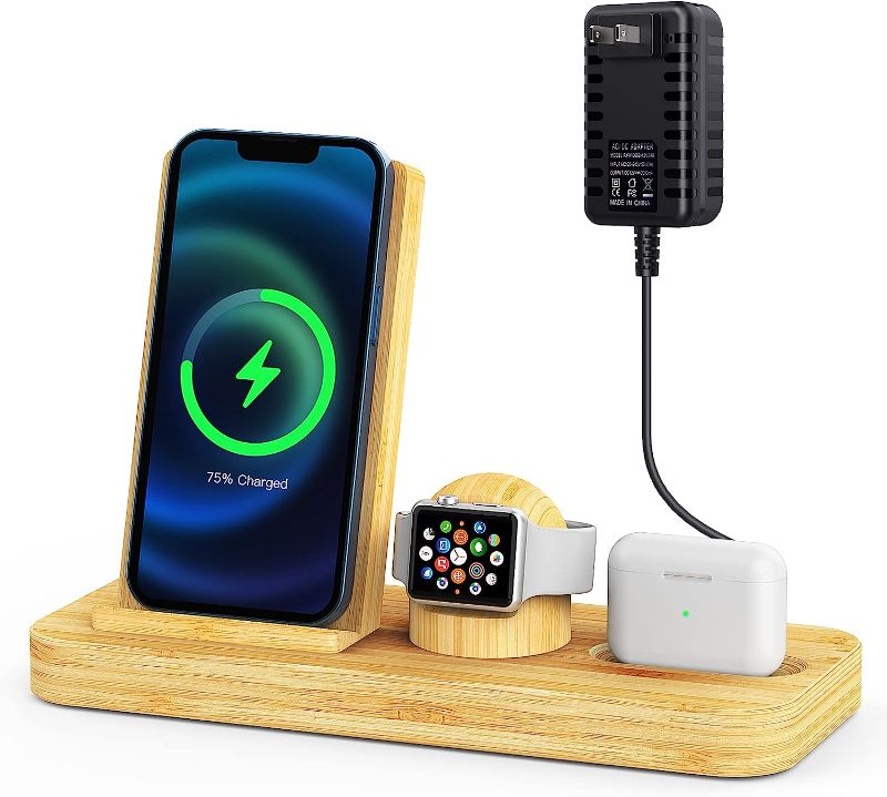 Photo 1 of Bamboo Wireless Charging Station for Apple Products, OTESS 3 in 1 Fast Wireless Charger Stand Compatible with iWatch SE/7/6/5/4, iPhone 13 Pro Max/12/11 AirPods Pro Samsung Galaxy & More with Adapter
