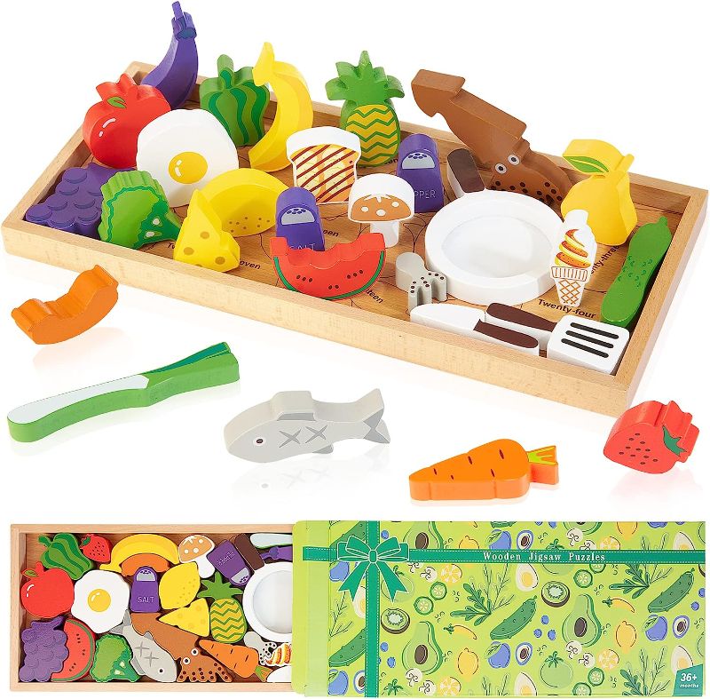 Photo 1 of HELLOWOOD Wooden Kitchen Jigsaw Puzzles for Kids 3-6, 29PCS Play Food Fruits Utensils Blocks with Sketched Board, Montessori Learning Toys for Toddlers Age 3+, Birthday Gift Set for Boys & Girls

