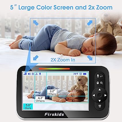 Photo 2 of Firskids Baby Monitor no WiFi, 5” Large Display Video Baby Monitor with Camera and Audio, Remote Pan-Tilt-Zoom Camera, Night Vision, VOX, Two Way Audio, Temperature Display, Lullaby, 960ft Range