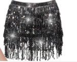 Photo 1 of  Women's Sequin Skirt  Belly Dance Hip Skirt Fringe Hip Scarf Boho Sequin Tassel Skirt Rave Party Performance Costume Festival Outfits Cowgirl Skirt for Women Girl Black 