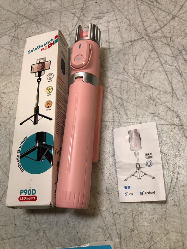 Photo 2 of Anvirtue 6 in 1 Wireless Bluetooth Selfie Stick Wireless Bluetooth Foldable Mini Tripod with Fill Light Shutter Remote Control for iOS Android (Pink)