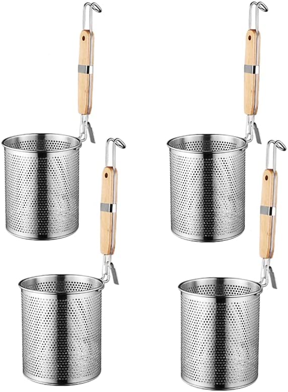 Photo 1 of 4-Piece Stainless Steel Pasta Basket Set with Wooden Handles – Perfect for Cooking Pasta, Noodles, Dumplings, and More; Mesh Spider Strainer for Easy Draining and Blending