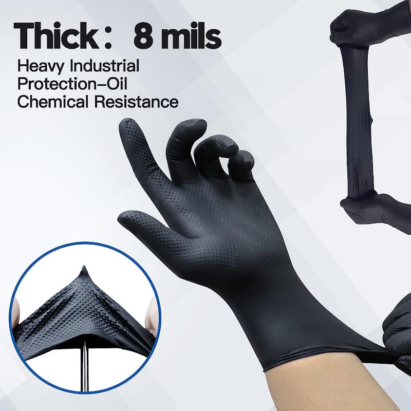 Photo 2 of 100pcs---size  M&Large----Wostar Industrial Black Nitrile Gloves 8 Mil Latex Powder Free Diamond Textured Heavy Duty Black 