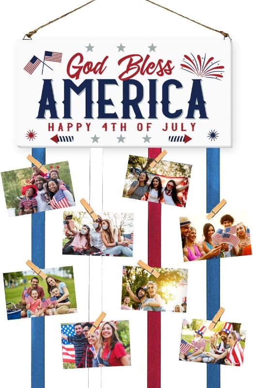 Photo 1 of 4th of july Decoration God Bless America Patriotic Wall Decor, Memorial Day Wooden Hanging Sign, Independence Day Hanging Decoration Card Holder Picture Frames with 20 Clips for Front Door Home Wall
