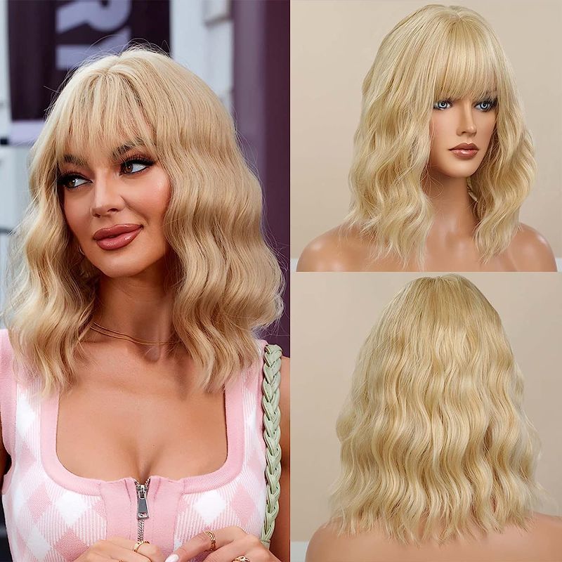 Photo 1 of Blonde Wigs for Women 14 Inch Curly Wavy Wig Natural Looking Synthetic Heat Resistant Fiber Wig for Daily Party Costume Cosplay Use
