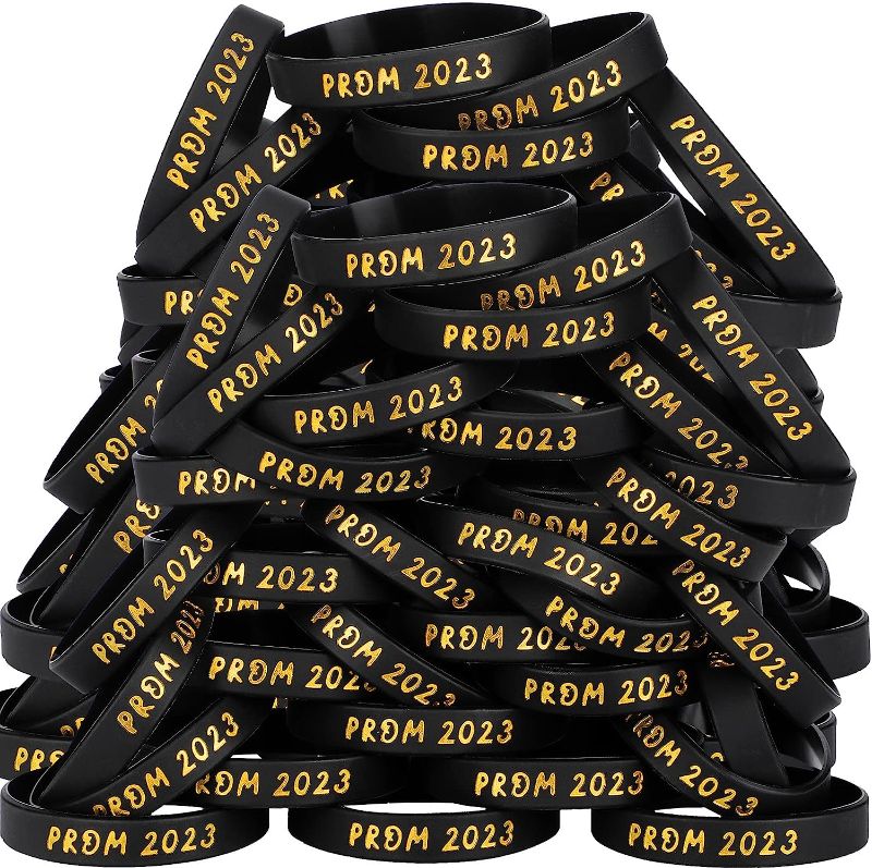 Photo 1 of 100 Pcs Prom 2023 Silicone Wristbands Prom Party Favors Keepsakes Prom Wristbands Graduation Silicone Wristbands 2023 Grad Bracelets Graduation Gifts, Black Gold
