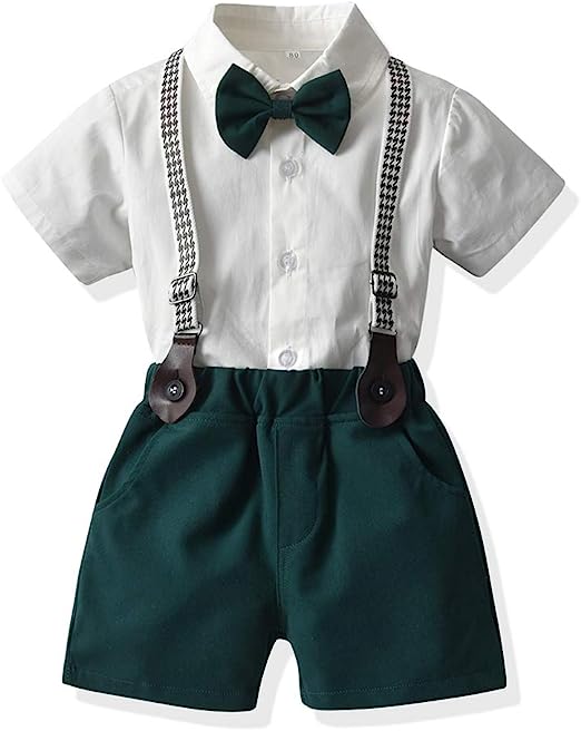 Photo 1 of FAXSON Toddler Kids Boys Gentleman Suit Short Sleeve Bowtie Shirt+Suspenders Shorts Outfits. 18-24 months
