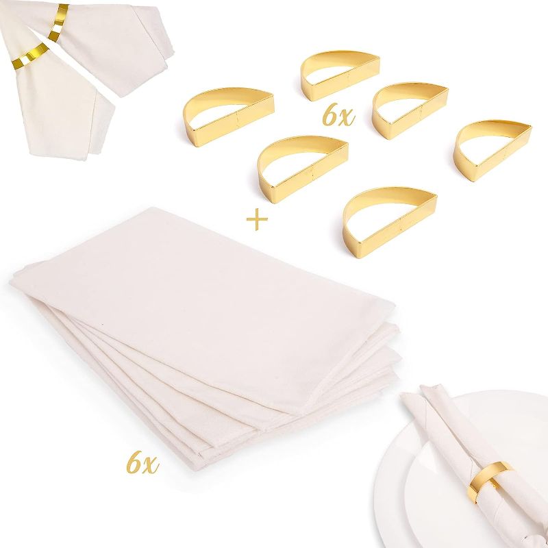 Photo 1 of 6 Sets of Gold Napkin Rings Stainless Steel + 6 Beige Cloth Napkins, Semicircle Napkin Holders, Table Decoration Accessories for Dinner, Parties, Events, Gifts - Total 12 pcs
