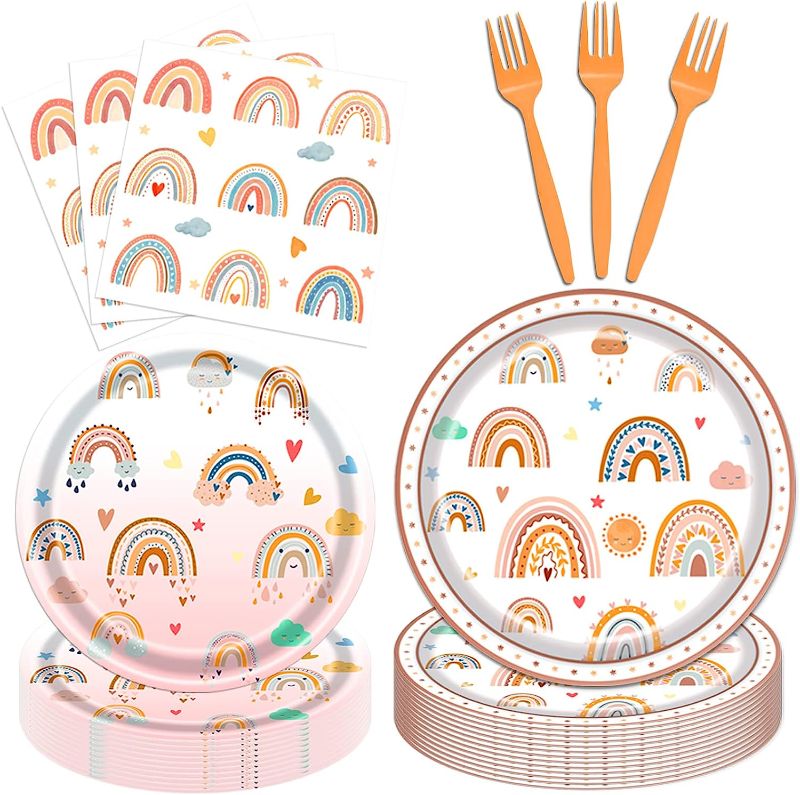 Photo 1 of  Rainbow Party Supplies Serves 24, Boho Rainbow Birthday Decorations for Girls, Rainbow Plates and Napkins Set, Total 96PCS
