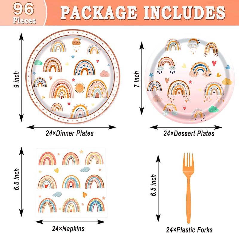 Photo 3 of  Rainbow Party Supplies Serves 24, Boho Rainbow Birthday Decorations for Girls, Rainbow Plates and Napkins Set, Total 96PCS
