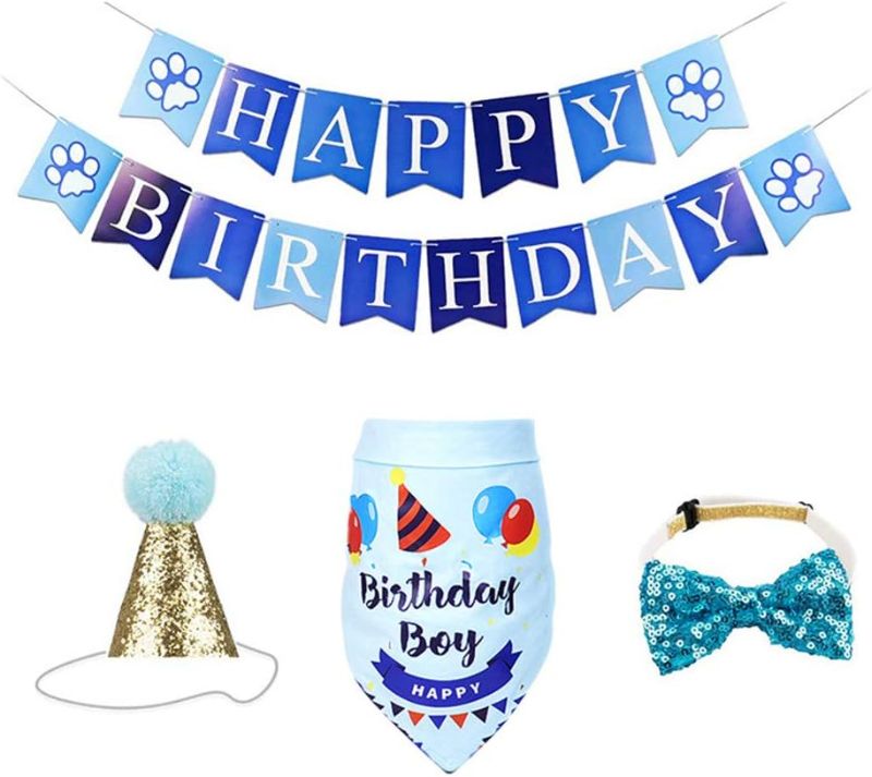 Photo 1 of Beelike Dog Birthday Party Supplies: Dog Birthday Hat, Dog Birthday Bandana, Happy Birthday Banner, Perfect Pet Puppy Cat Birthday Party Decorations for Small Medium Dog
