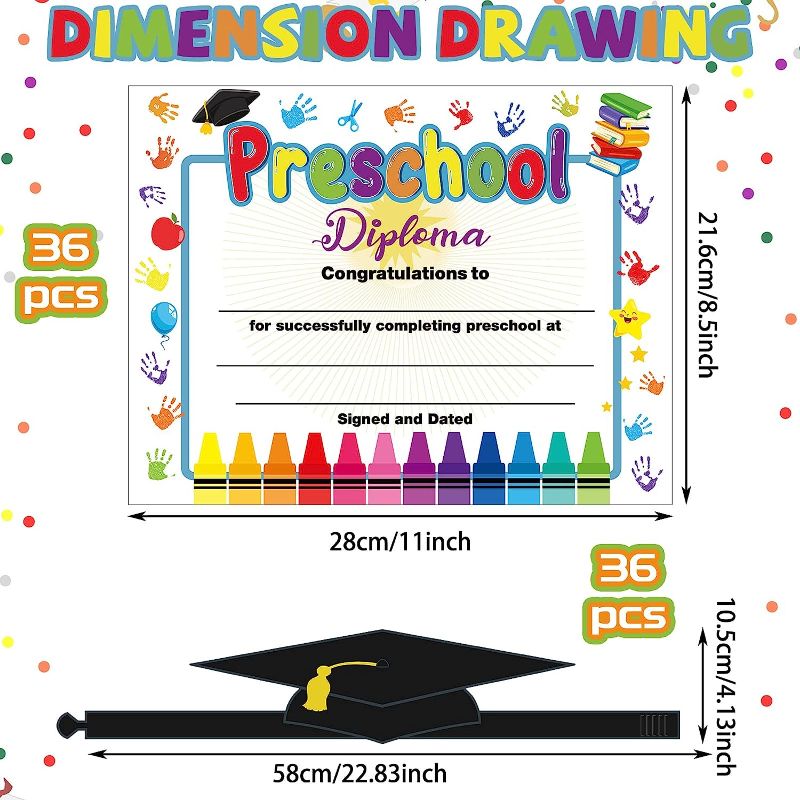 Photo 2 of 72 Pcs Kids Preschool Graduation Paper Hats Diploma Certificates Set Include 36 Graduation Caps 36 Preschool Diplomas Bulk Kindergarten Graduation Party Supplies (Black)
