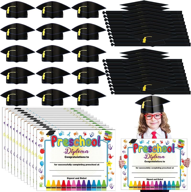 Photo 1 of 72 Pcs Kids Preschool Graduation Paper Hats Diploma Certificates Set Include 36 Graduation Caps 36 Preschool Diplomas Bulk Kindergarten Graduation Party Supplies (Black)
