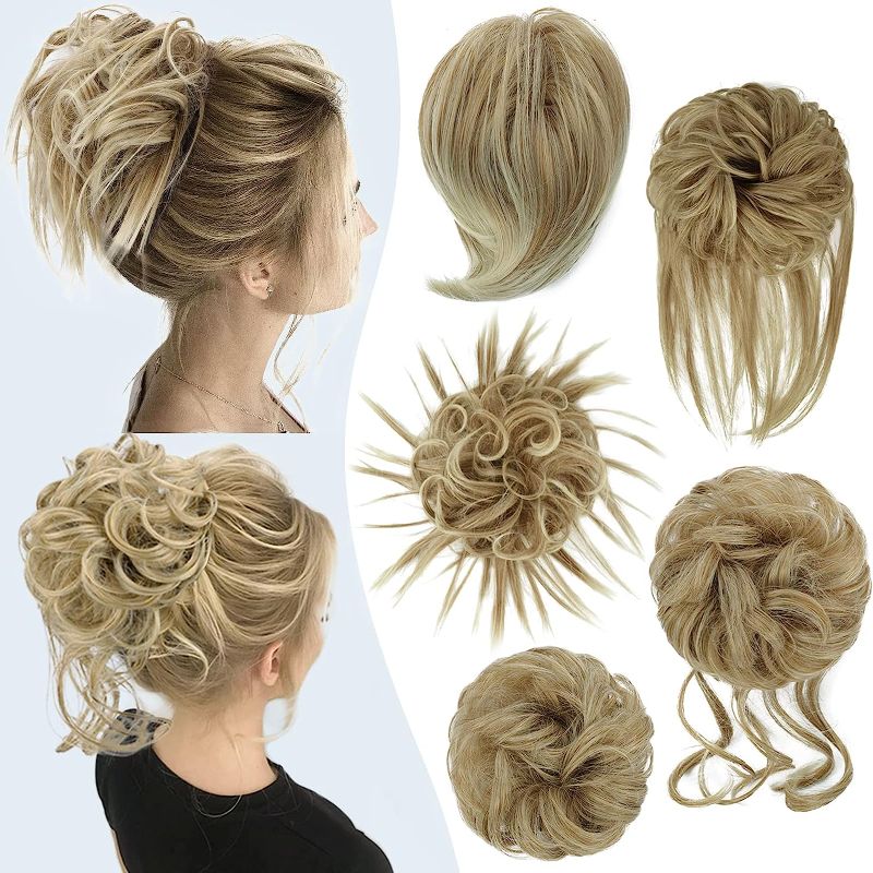 Photo 1 of HMD 5 Pieces Messy Hair Bun Hairpiece Tousled Updo for Women Hair Extension Ponytail Scrunchies with Elastic Rubber Band Long Updo Messy Hairpiece Hair Accessories Set for Women(Honey Blonde Mix Bleach Blonde)
