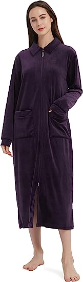 Photo 1 of Ytiree Women Zipper Robe Long Sleepwear Housecoat with Pockets Warm Soft Bathrobes for Women, Medium
