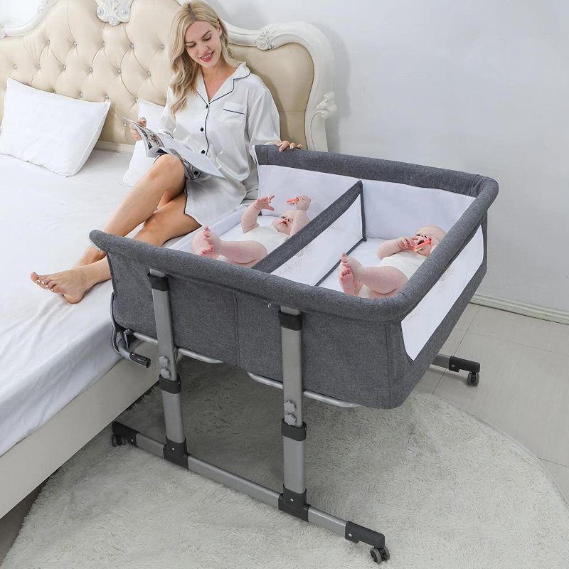 Photo 1 of Ihoming Twin Bassinets for Baby, Double Bassinet Bedside Sleeper for Twins, Bassinets Sleeper for 2 Babies, Infant Co Sleeper Bedside Crib Attaches to Bed, Grey
