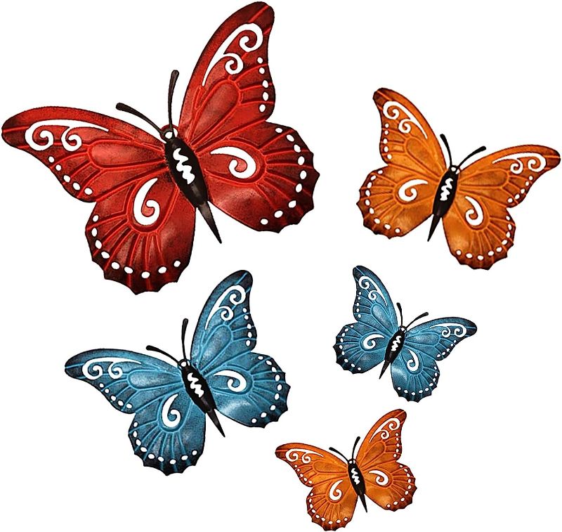 Photo 1 of aboxoo Metal Butterfly Wall Decor 3D Butterflies Wall Art Hanging Sculpture for Bathroom Living Room Bedroom or Porch Patio Fence, Set of 5
