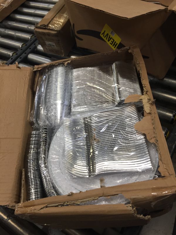 Photo 2 of 600 Piece Silver Dinnerware Set -100 Silver Rim 10 inch Plastic Plates 100 Silver Rim 7 Inch Plates -300 Silver Plastic Silverware -100 Silver Plastic Cups -100 Guest Disposable Silver Dinnerware Set - box damage. missing some pieces. 