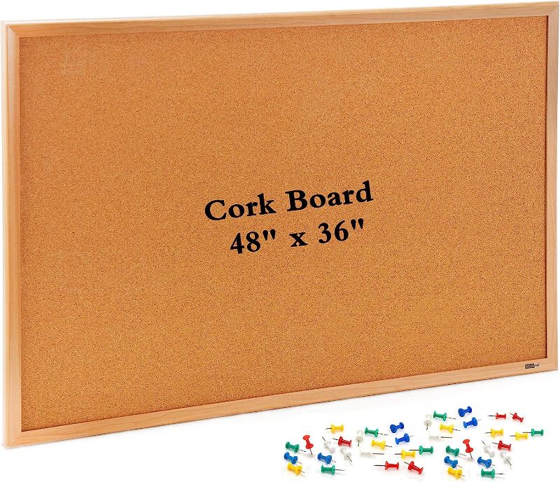 Photo 1 of INNOVART Cork Bulletin Board 48" X 36" with 40 Push Pins, Corkboa-rd with Oak Wood Frame, Cork Notice Board for Home, Office, School
- bent slight few degrees - damaged