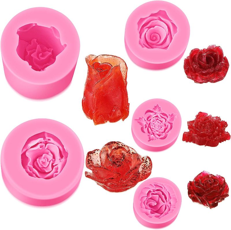 Photo 1 of 5 Pieces Flower Shape Fondant Mold Rose Flower Candle Molds Rose Shaped Craft Silicone Mold 3D Handmade Sugar Cake Molds for Valentine's Day Candle, Soap, Lotion Bar, Bath Bomb, Wax Crayon Art Craft
