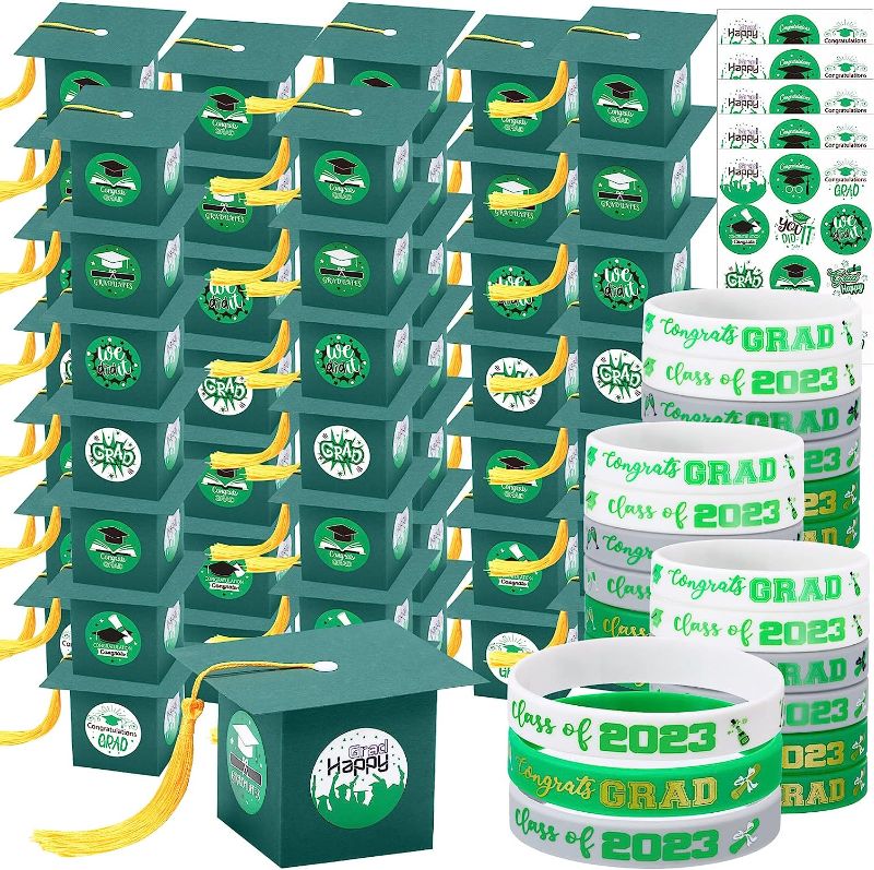 Photo 1 of 100 Pcs Graduation Cap Boxes 100 Pcs Graduation Wristbands Class of 2023 Silicone Bracelets with 9 Stickers for 2023 Grad Party Favors (Green)