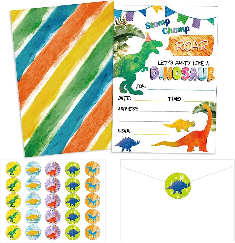Photo 1 of 30 Pack Watercolor Dinosaur Birthday Party Invitations Cards with Envelopes Dino Party Supplies for Boys Fill In Birthday Invite Cards T-Rex for Kids Boys Girls Birthday Party Decorations Favor