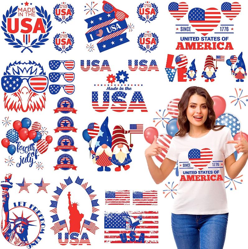 Photo 1 of 36pcs Independence Day 4th of July Iron on Stickers HTV Heat Transfer Vinyl Decals Patriotic Decorations Labor Day USA Flag Gnome for Clothing T-Shirts Hat Pillow DIY Craft Supplies