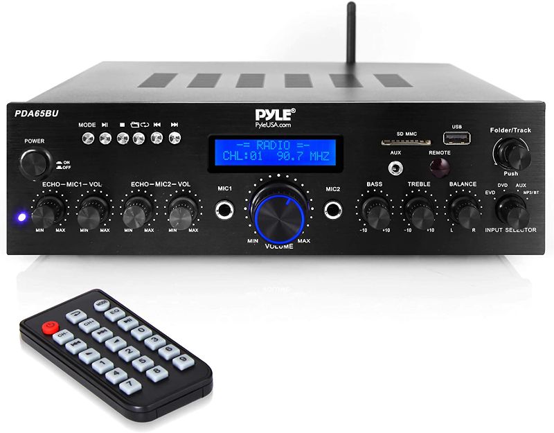 Photo 1 of Pyle Wireless Bluetooth Power Amplifier System - 200W Dual Channel Sound Audio Stereo Receiver w/ USB, AUX, MIC IN w/ Echo, Radio - For Home Theater Entertainment via RCA, Studio Use - PDA65BU,Black
