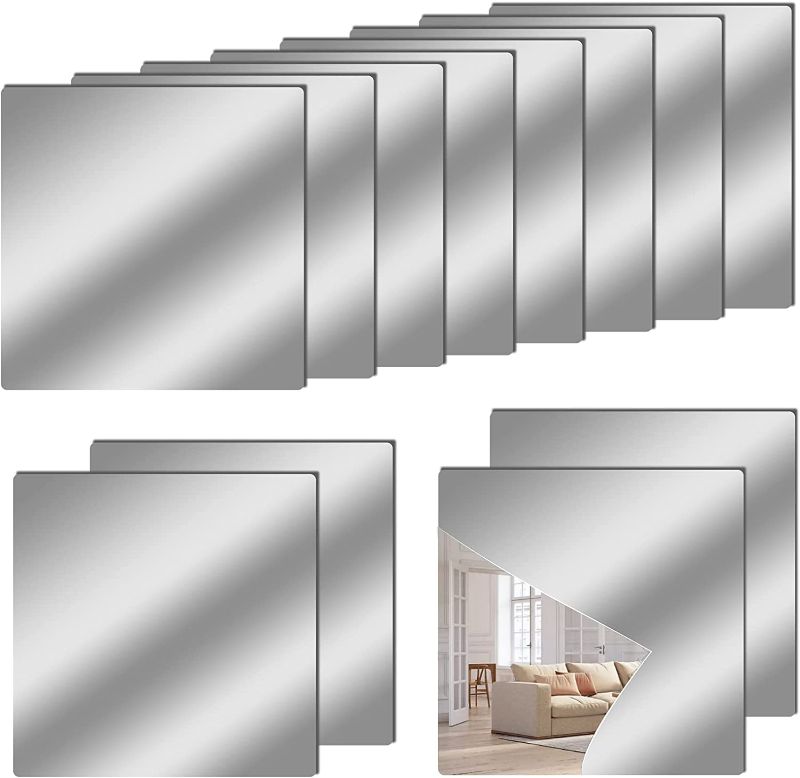 Photo 1 of 12" x 12" Acrylic Flexible Mirror Sheets, 12 Pack Self Adhesive Mirror Tiles Square Cuttable Mirror Wall Stickers, Non-Glass Mirror Stickers Safety Reflective Mirror for DIY Craft Home Wall Decor
