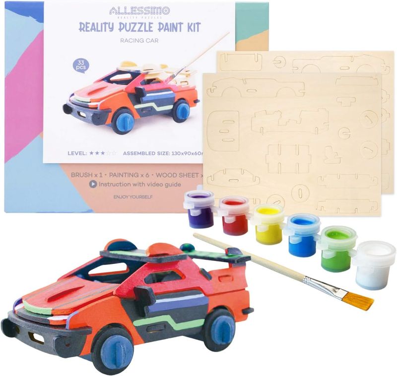 Photo 1 of Allessimo - Create + Paint 3D Paint Puzzle - Reality Wooden Racing Car Model Kit + Paint & Brush, Build Toys for Kids, Jigsaw 3D Puzzle, Educational Arts & Crafts for Girls & Boys