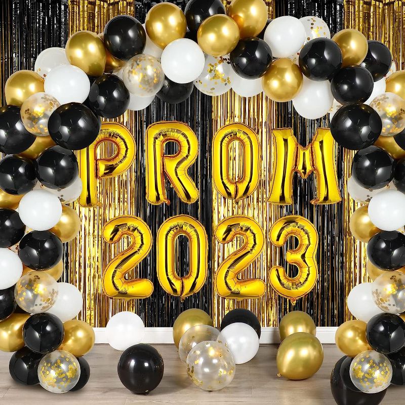 Photo 1 of 83 Pcs Graduation Decorations 2023 Congrats Grad Supplies Include 10 Inch Balloons, 12 Inch Ballons, Fringe Curtains, 32 Inch Prom 2023 Foil Balloons for School University College Party Decor(Gold)
