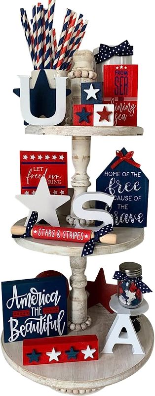 Photo 1 of 10 Pieces Patriotic Independence Day Tiered Tray Decor, 4th of July Wooden Farmhouse Tray Sets Items, Memorial Day American Flag Red White Blue 3D Signs for Home Kitchen Holiday Table Mini Decor
