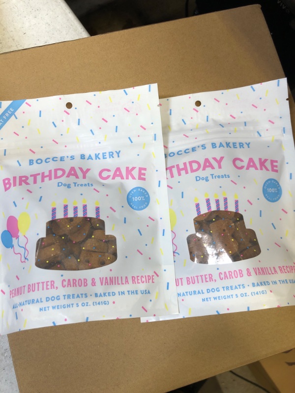 Photo 2 of 2 PACK Bocce's Bakery Birthday Cake Treats for Dogs - Special Edition Wheat-Free Dog Treats, Made with Real Ingredients, Baked in The USA, All-Natural Peanut Butter Vanilla Biscuits, 5 oz  BEST BY 01/27/24