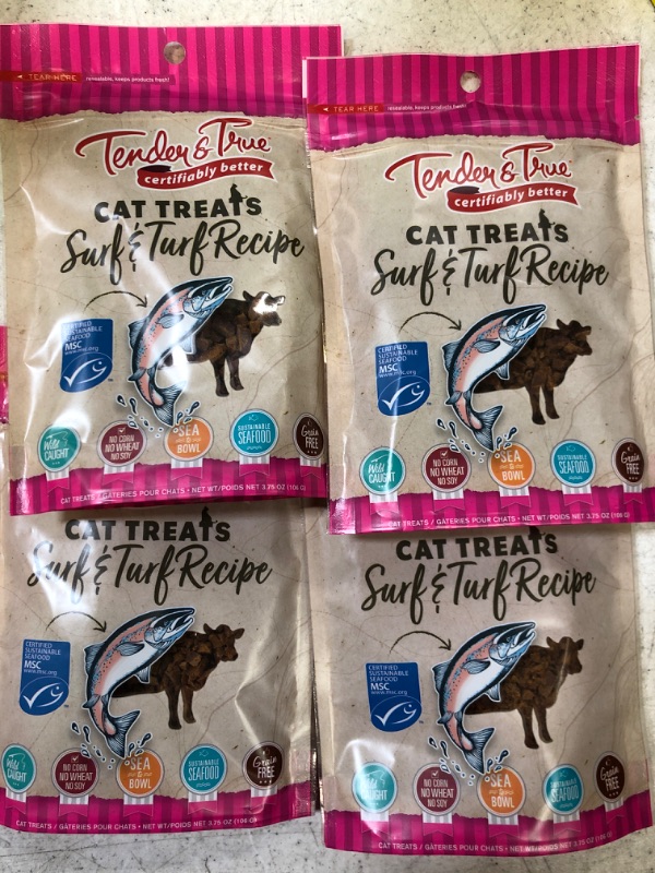 Photo 1 of 4 PACK Tender & True Surf & Turf Recipe Cat Treats, 3.75 oz, Brown  BEST BY 08/05/23