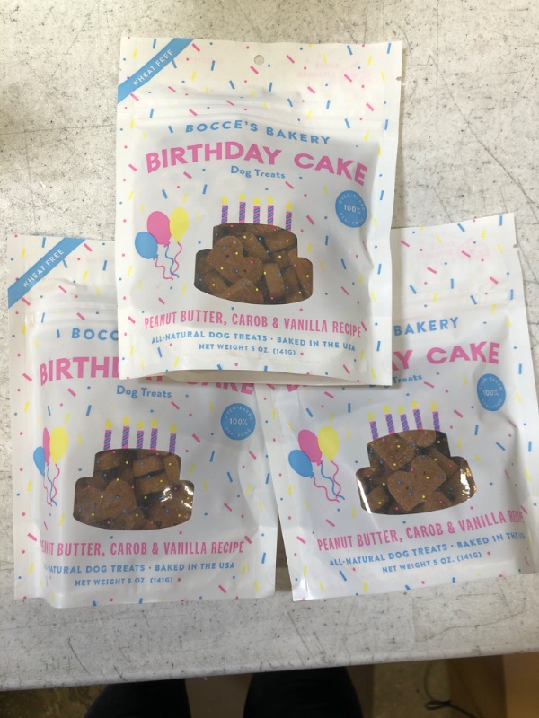 Photo 1 of  3 PACK Bocce's Bakery Birthday Cake Treats for Dogs - Special Edition Wheat-Free Dog Treats, Made with Real Ingredients, Baked in The USA, All-Natural Peanut Butter Vanilla Biscuits, 5 oz BEST BY 01/27/24