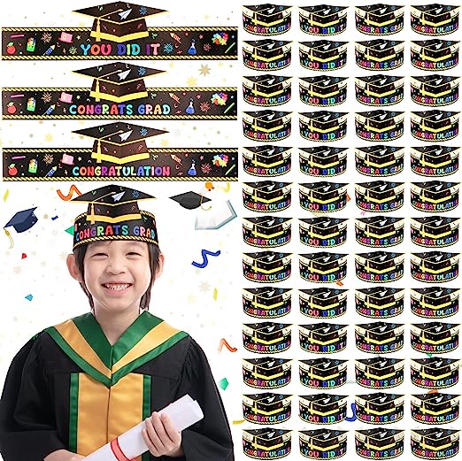 Photo 1 of 240 Pieces Preschool Graduation Paper Caps Crowns for Kids Adjustable Paper Hats for Kindergarten Student Grad Ceremony Party Congrats Grad Hats Headbands for Kids Party Favors Multicolor
