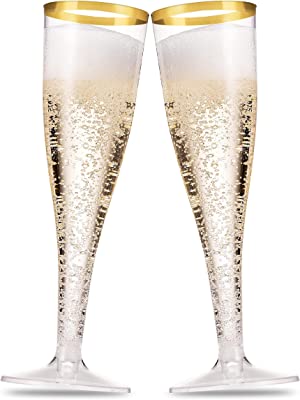 Photo 1 of 100 Pack Gold Rimmed Plastic Champagne Flutes 5 Oz Clear Plastic Toasting Glasses Fancy Disposable Wedding Party Cocktail Cups with Gold Rim