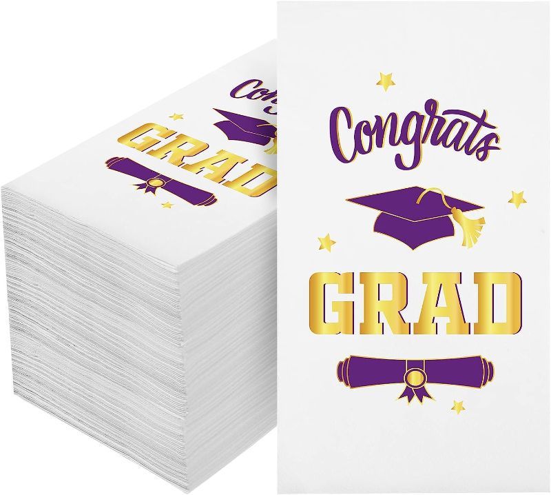 Photo 1 of 100 Pcs Congrats Grad Napkins Graduation Party Paper Napkins Supplies Class of 2023 Disposable Napkins 2-Ply Guest Towels for School University College Decors (White, Purple)