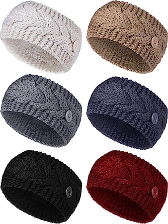 Photo 1 of 6 Pieces Knitted Headbands with Button Winter Warm Chunky Ear Warmers Stretchy Hairband Crochet Head Wraps Twisted Cute Hair Accessories for Women Girls (CLASIC Colors)