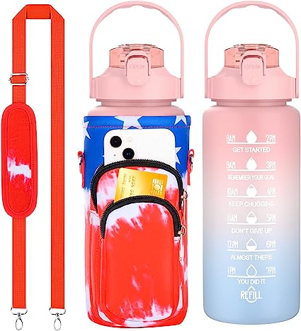 Photo 1 of 64 oz Water Bottles with Times to Drink, Motivational Reusable Half Gallon Water Bottle with Straw, Sleeve, Strap, Big BPA Free Water Jug with Time Marker for Sports