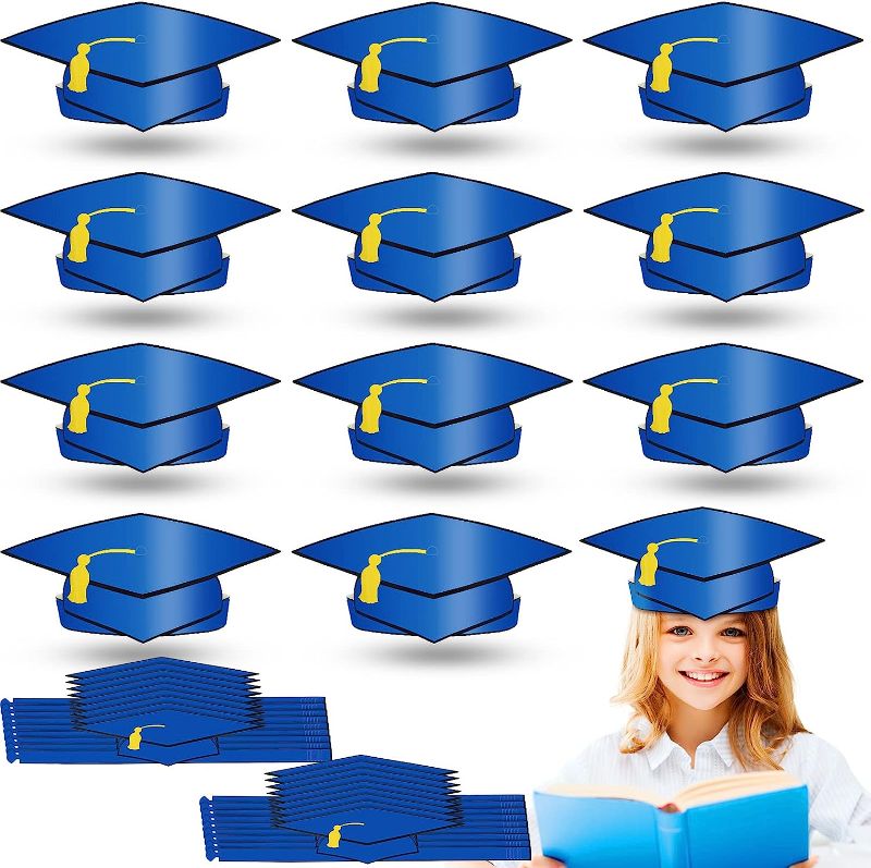 Photo 1 of Patelai 72 Pcs Kids Grad Caps Paper Graduation Hats Bulk for Kids Kindergarten Preschool Graduation Hats Headbands Crowns (Royal Blue)