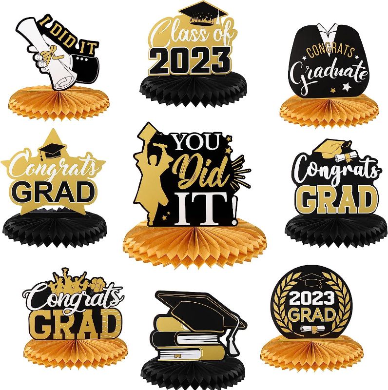 Photo 1 of 9 Pcs Graduation Party Decorations Class of 2023 Congrats Grad Honeycomb Centerpieces Congratulate Graduation Table Toppers for Graduation Party Favor Supplies (Black and Gold)