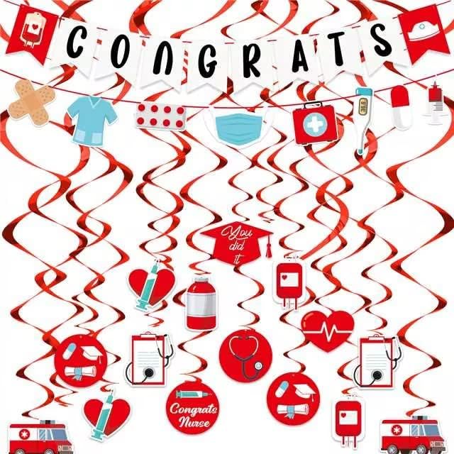 Photo 1 of 30 Pcs Nurse Graduation Hanging Swirls and 2 Nursing Graduation Garland Banner Nurse Grad Foil Ceiling Hanging Swirl Streamers for Doctors RN Nursing School Nurses Week Nurses Day Party Supplies