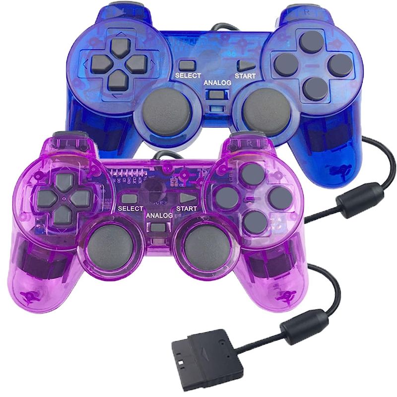 Photo 1 of 2 Pack PS2 Wired Controller,Double Shock Gamepad Compatible with Playstation 2 Console (Clear Purple and Clear Blue)
