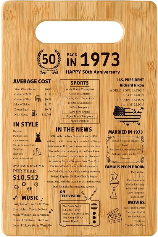 Photo 1 of 50th Wedding Anniversary Cutting Board Gifts for Women Men Marriage Gifts for Couple 1973 Poster Back In 1973 50th Anniversary Decorations 100% Organic Bamboo Pre Oiled 11"L x 7"W x 0.5"Th