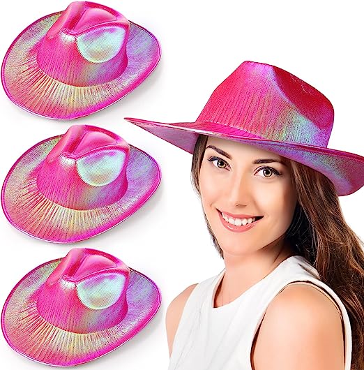 Photo 1 of 3 Pieces Metallic Cowboy Cowgirl Hats Holographic Space Rave Hat Western Disco Party Costume Accessories for Women