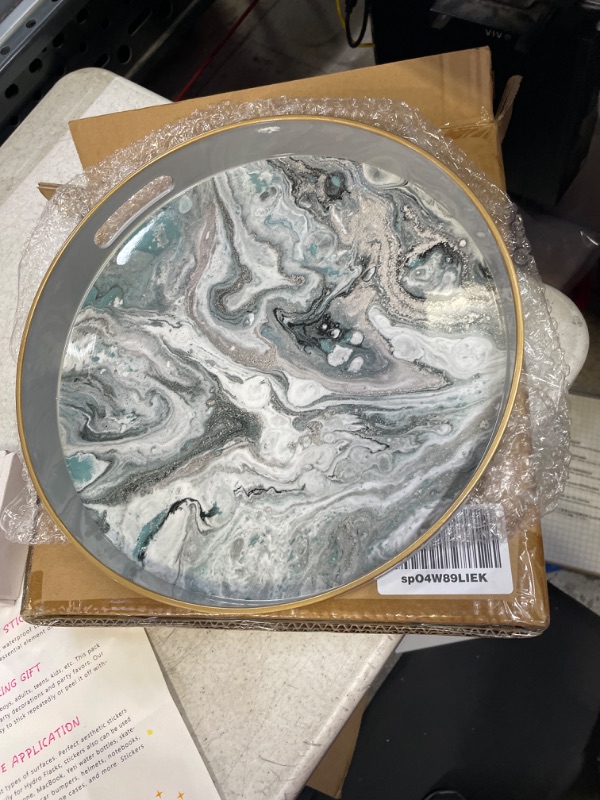 Photo 1 of Zosenley Round Decorative Tray, Marbling Plastic Tray with Handles, Modern Vanity Tray and Serving Tray for Ottoman, Coffee Table, Kitchen and Bathroom, Size 13”
