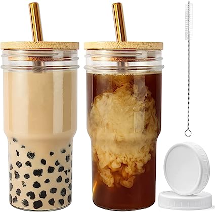 Photo 1 of  Reusable Boba/ Smoothie Tumbler, Glass, Bubble Tea Cup, 2 Pack Wide Mouth 22oz for Iced Coffee with Bamboo Lid and Straw, Mason Jar for Drinking (Gold Straw, 2)